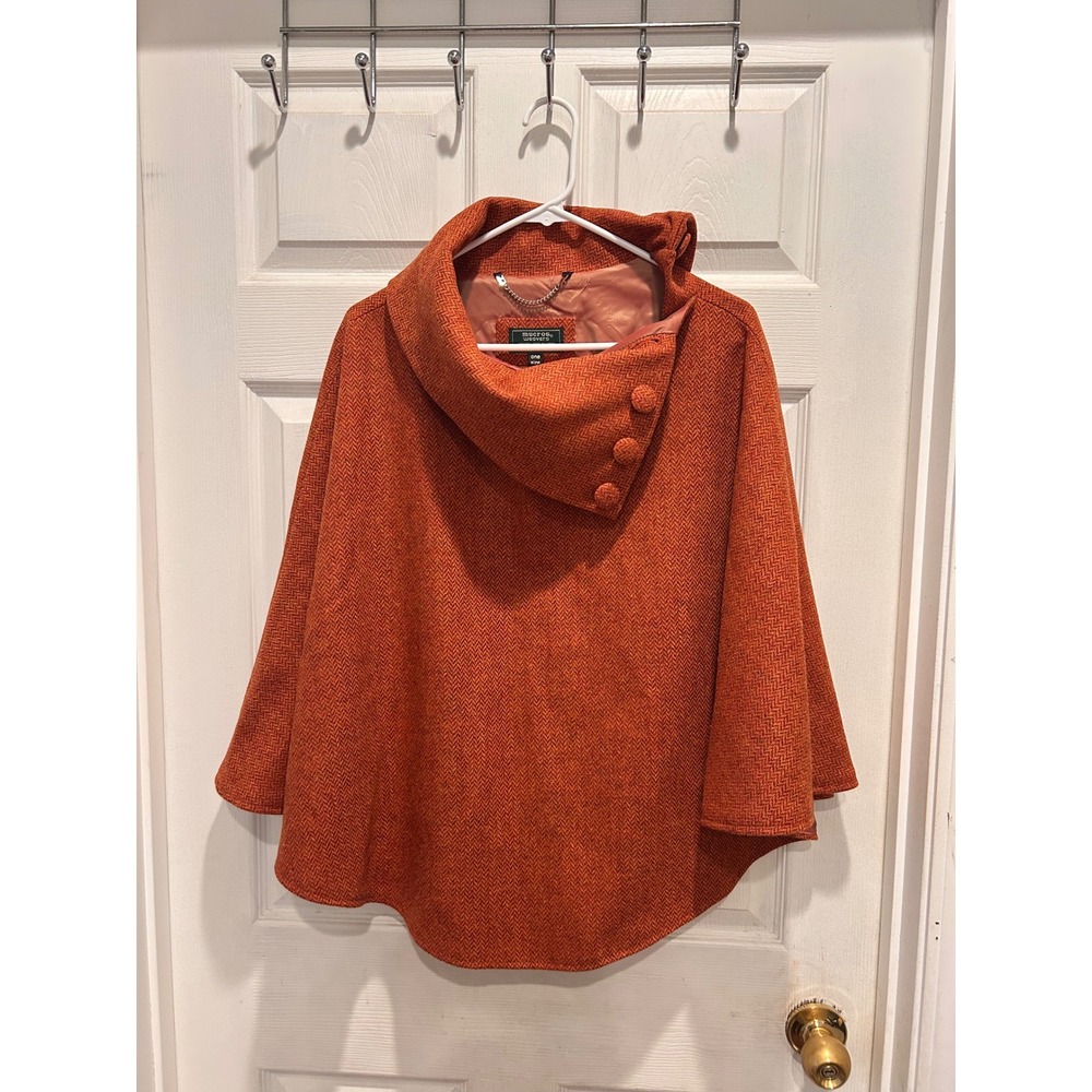 Mucros Weavers Ireland‎ Orange Herringbone 100% Wool Cape Poncho One Size Lined